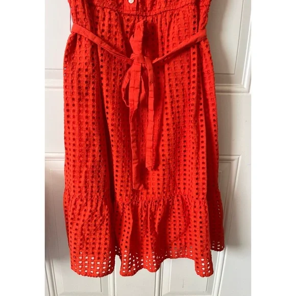 J. Crew All Over Eyelet Sleeveless Button-Down Belted Dress in Red. - Picture 6 of 9